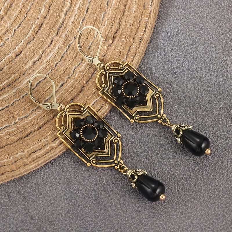 Women's Nostalgic Hollow Copper Earrings with Black Synthetic Turquoise, Birthday Gift